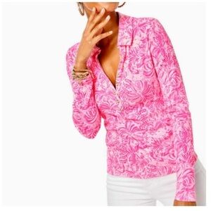 LILLY PULITZER Reema Polo Top In Pink Blossom Foxy Llama size XL NWT‎